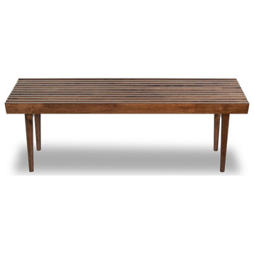 Pemberly Row Mid-Century Modern Rectangular Solid Wood Bench in Brown