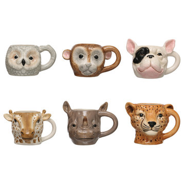 5.25 Inches Dolomite Mug With Animal Head Designs, Multicolor, Set of 6