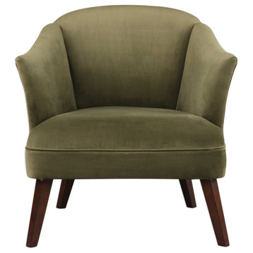 Olive Green Midcentury Modern Velvet Accent Chair, Round Barrel Back Tub