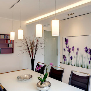 ライプツィヒの中サイズのコンテンポラリースタイルのLDKの画像 (白い壁、淡色無垢フローリング)