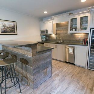 Design ideas for a medium sized classic walk-out basement in Atlanta with white walls, ceramic flooring and no fireplace.