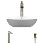 Rene - R11-5003-Platinum Stone Composite Vessel Sink, Brushed Nickel, R9-7007 Faucet - The R11-5003-Platinum stone composite square vessel sink graces the top a vanity with its elegant style and vibrant luxury. The spacious smooth basin and sleek curves introduce a contemporary yet classic ambience into the room. The combination of natural minerals and polyurethane perfectly blend into a beautiful structure and make up the stone composite material. The striking color and texture featured on the exterior of the sink provide an edgy touch into the overall design. This sink measures at 15" x 15" x 4 3/8" and an 18" minimum cabinet size is required. The R9-7007-BN is a tall, vessel-style faucet soundly constructed of premium-quality, solid brass components. Its design is contemporary, but with a nostalgic, water pump spout design in a brushed nickel finish. Water temperature and pressure is controlled by the extended, swivel handle. Ceramic disc cartridges assure dependability. With a simple press to its handsome, brushed nickel dome, the included, spring-loaded, vessel pop-up drain can be opened or closed.