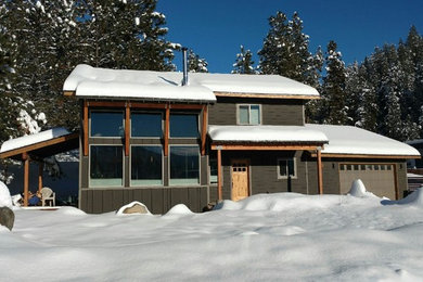 Mid-sized rustic brown two-story wood gable roof idea in Seattle