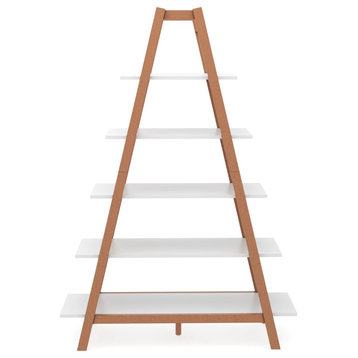 Modern Bookcase, Decorative Ladder Design With Brown Frame & 5 White Shelves