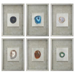 Uttermost - Uttermost Agate Stone Silver Wall Art, Set of 6 - Silver Leaf Shadow Boxes Accented With Mottled Silver Champagne Background Encasing Slabs Of Colorful Agate Stone Under Glass. The Agate Will Vary Slightly In Shape And Color.