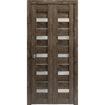 Closet Bi-fold Doors 72 x 80, Quadro 4445 Cognac Oak & Frosted Glass