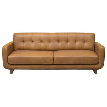 Davis Mid-Century Modern Tight Back Leather Sofa in Tan