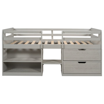 Gewnee Wood Twin  Loft Bed with Shelves and Drawers in Antique Gray