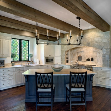 French Country Kitchen with Blue Island