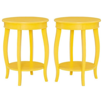 Home Square Round Wood End Table with Shelf in Yellow - Set of 2