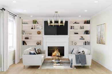 Inspiration for a transitional living room remodel in Birmingham with a wood fireplace surround
