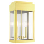 Livex Lighting - Satin Brass Transtional,  Modern Classic, Outdoor Wall Lantern - The simple rectangular shape of the York collection is an updated classic transitional line that will complement most home exteriors. The hand crafted solid brass construction is finished in satin brass. The clear glass exposes the candles set off by the brushed nickel stainless steel back reflector giving an illusion of double light effect.  Greet your visitors with this large two-light wall lantern providing your home with a stunning and welcoming air.