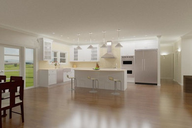 Eat-in kitchen - mid-sized 1950s l-shaped medium tone wood floor eat-in kitchen idea in Phoenix with a farmhouse sink, shaker cabinets, white cabinets, granite countertops, beige backsplash, porcelain backsplash, stainless steel appliances and an island