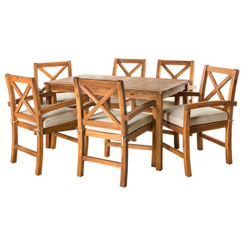 Acacia Wood Simple Patio 7-Piece Dining Set With X-Shaped Back, Brown