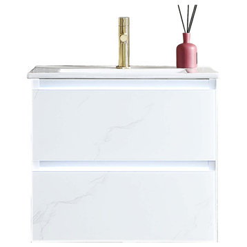 LED Lighted Bathroom Vanity With Ceramic Sink and Dimmed Light, Calacatta White, 24"