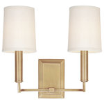 Hudson Valley Lighting - Clinton 2-Light Wall Sconce, Aged Brass - Rather than the traditional bobeche and candlestick motif, a series of stepped circular rings transition from Clinton's thin square arms to the smooth columnar holder. A tapered barrel shade completes the cleanly styled composition. Clinton mounts to a 2 x 4 gem box.