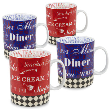 Set of 4 Mugs American Diner, 2 Red/2 Blue