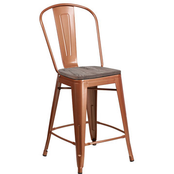 24" High Copper Metal Counter Height Stool With Back and Wood Seat