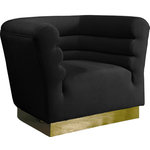 Meridian Furniture - Bellini Velvet Upholstered Chair, Black - Add a bit of pizzazz to your living space with this Bellini Black Velvet Chair from Meridian Furniture. Rich black velvet upholstery offers you a luxurious place to curl up with a good book or rest in front of the TV after a long day, while horizontal Channel tufting creates texture and style. Its gold stainless steel base provides solid support, while adding to the chair's contemporary appearance. Its uniquely curved shape makes this piece a perfect addition to any room in your modern home.