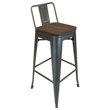 Stainless Steel Bar Stool With Backrest, Wood Seat, Set of 4, Gunmetal