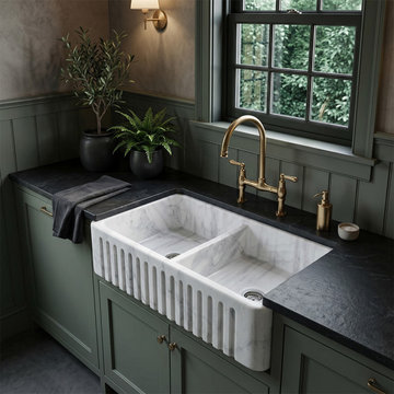 Carrara White Marble Fluted Double Farmhouse Kitchen Sink - 36"x18"x8"