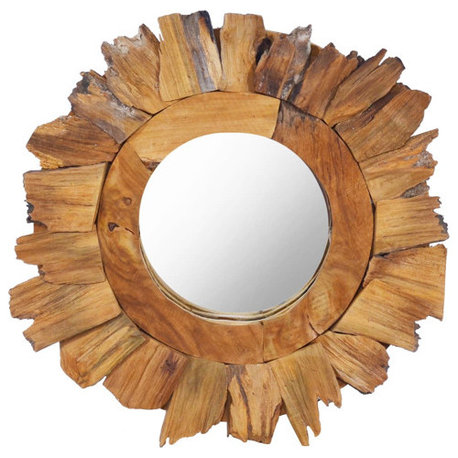 vidaXL Decorative Mirror Wall Mirror Bathroom Mirror Solid Teak Wood Round