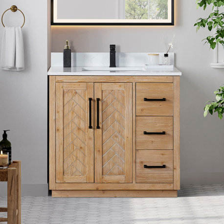 Anais Vanity Grain White Engineered Stone Countertop, Light Brown, 36", No Mirror