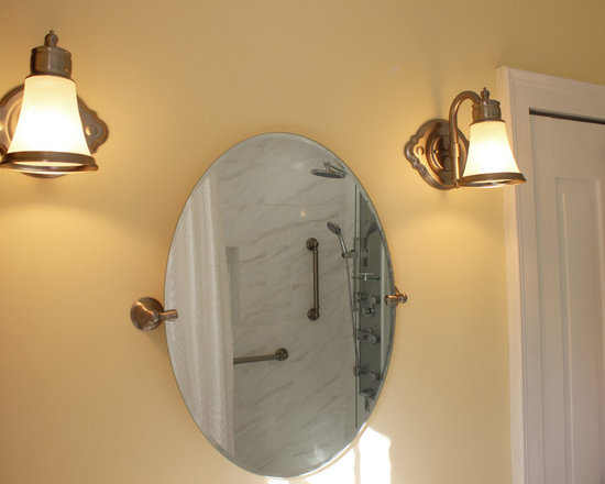 White Bathroom with Zero Entry Tiled Shower ~ Medina, OH - Wall Sconces