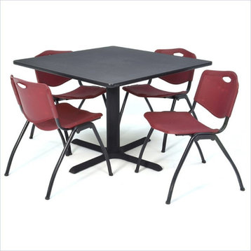 Cain 48" Square Breakroom Table, Gray and 4 'M' Stack Chairs, Burgundy