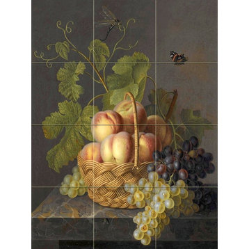 Tile Mural Still Life With Peaches And Grapes In Wicker Basket, Glossy