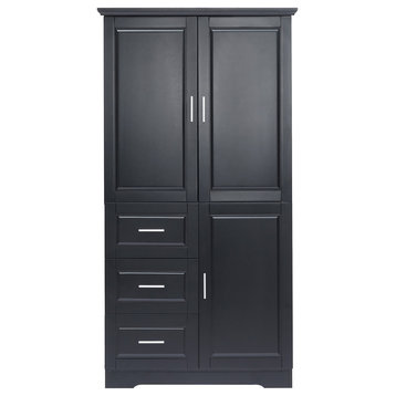 Tall and Wide Storage Cabinet, Doors for Bath/Office, Three Drawers, Black