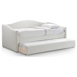 Meridian Furniture - Arlo Boucle Fabric Upholstered Daybed, Cream - Give your bedroom a modern, luxurious vibe with this Arlo twin daybed, upholstered in rich cream boucle fabric. The gently curved headboard and matching rectangular base create a sleek, contemporary look from all angles. The bed's versatile design features a rolling trundle, offering extra storage or an additional sleeping area that accommodates up to an 8" thick mattress. With its sturdy frame and elegant fabric, this daybed adds both style and functionality to any space-no box spring required, just a top mattress.