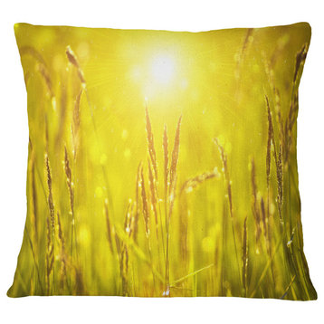 Yellow Grass Flower At Sunset Landscape Printed Throw Pillow, 16"x16"