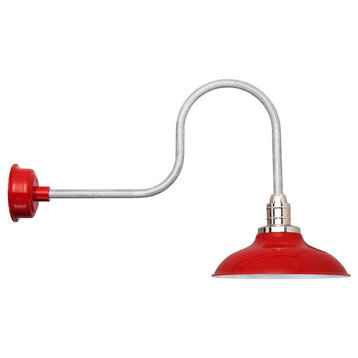 Peony Industrial LED Barn Light, Cherry Red Base With Galvanized Silver Stem, 12