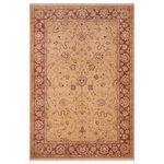 Bareens Designer Rugs - Oriental Ziegler Barbie Gold Red Hand-Knotted Wool Rug - 6'0'' x 9'1'' - Enhance the ambiance of your home with this magnificent Persian-influenced Turkish hand-knotted rug made by skilled artisans capable of creating the most exceptional vegetable dyes and hand-spun wool. This exquisite handmade rug is a one-of-a-kind Peshawar Kafkaz, otherwise identified as Chobi, Chobi Peshawar, Oushak, or Ziegler rug. These handmade rugs are crafted in Pakistan utilizing superior-quality wool imported from Australia, New Zealand, and Korea in two types of weaves: the Persian weave and the Mori weave. This rug is meticulously crafted by hand using the finest natural vegetable dyes extracted from local plants. The artisans use a blend of hand-spun local and fine merino wool, resulting in a rug with a compelling texture, higher lanolin content, and longer staple. The artisans occasionally incorporate natural or artificial silk into the pile to enhance specific motifs. The finished product is an awe-inspiring execution of flawless design and an understated palette that exudes elegance.