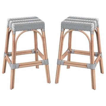 Home Square Rattan Barstool in Gray and White Stripe - Set of 2