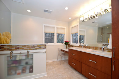 Inspiration for a contemporary master beige tile and ceramic tile ceramic tile walk-in shower remodel in DC Metro with an undermount sink, flat-panel cabinets, dark wood cabinets and quartz countertops