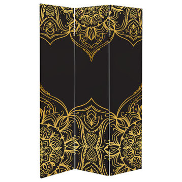 6' Tall Double Sided Black Indian Pattern Canvas Room Divider
