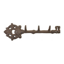 Import Wholesales - Cast Iron Wall Hook Rack, Antique Skeleton Key Style, 3 Hooks, 12" Long - Decorative Objects And Figurines