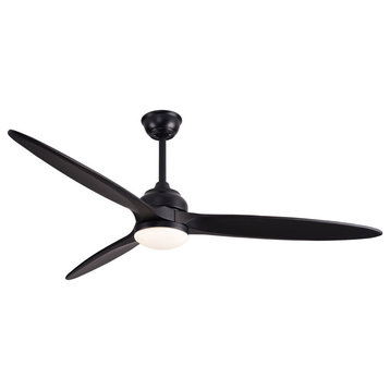 60" Ceiling Fan With Lamp, Black, Light Wood Blades, With Lamp