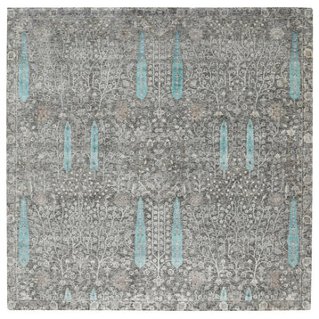 Square Cypress Tree Design Silk with Textured Wool Handknotted Rug,10'0"x10'0"