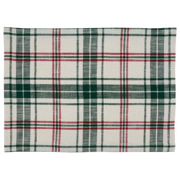 Cloth Placemats With Plaid Design, Set of 4, White/Green