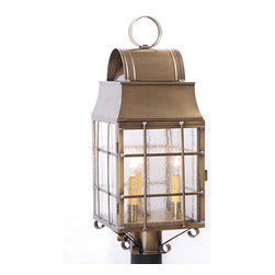 Saving Shepherd - Outdoor Colonial Post Lantern With Handmade Bars, Weathered Brass - Post Lights