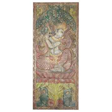 Consigned Krishna Carving, Sliding Barn Door, Colorful Vintage Door
