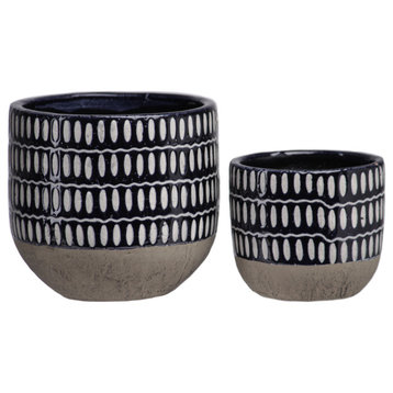 Round Ceramic Pot With Oval Pattern Design, Gloss Navy Blue, Set of 2