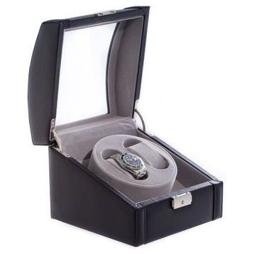 Black Leather 2-Watch Winder With Glass Top and Locking Clasp