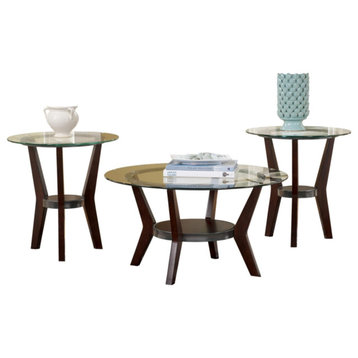 3 Pcs Coffee Table Set, Geometric Legs With Small Shelf & Glass Top, Dark Brown