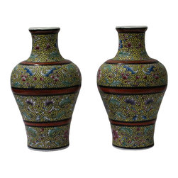 Pair Chinese Yellow Base Canton Famille Porcelain Vases - Vases