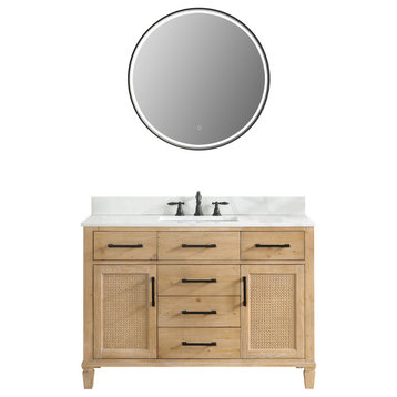 Solana Bathroom Vanity with Calacatta White Quartz Stone Countertop, Weathered Fir, 48", With Mirror