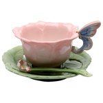 Cosmos Gifts Corp - Rose 2-Piece Cup and Saucer Set With Spoon - This Rose 2-Piece Cup and Saucer Set With Spoon makes a pretty addition to a dinner or tea party. Made from porcelain in the shape of a rose and leaf, this pink and green hand-painted cup and saucer set is delicate and elegant. Includes a small tea spoon. Hand wash only.